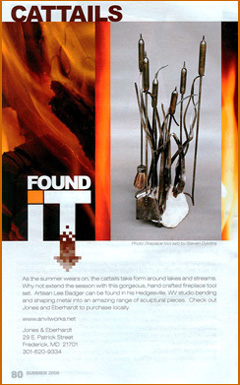 artist blacksmith cattail fireplace tools in Find It Frederick magazine.