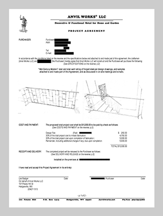 Artist blacksmith project agreement and contract for commission, page 1