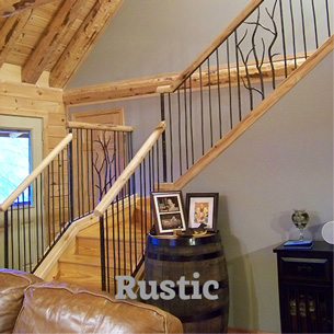 Artist-blacksmith rustic railing in a log house